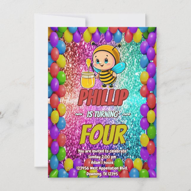 Bee custom character birthday invite (Front)