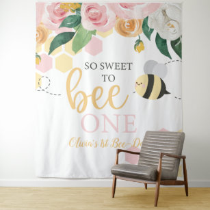 Bee Day Bumblebee 1st Birthday pink floral banner Tapestry