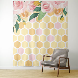 Bee Day Bumblebee 1st Birthday pink floral banner  Tapestry