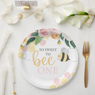 Bee Day Bumblebee 1st Birthday pink floral Paper Plate