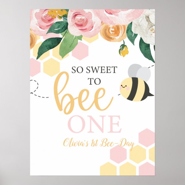 Bee Day Bumblebee 1st Birthday pink floral Poster (Front)