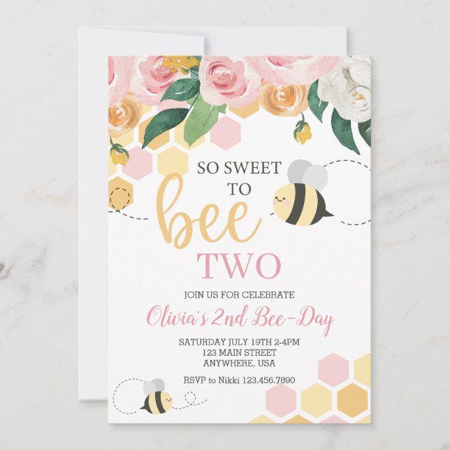 Bee Day bumblebee Birthday pink floral Invitation (Front)