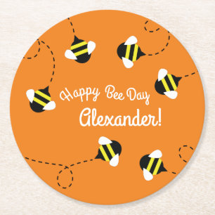 Bee Day Cute Kid's Birthday Round Paper Coaster