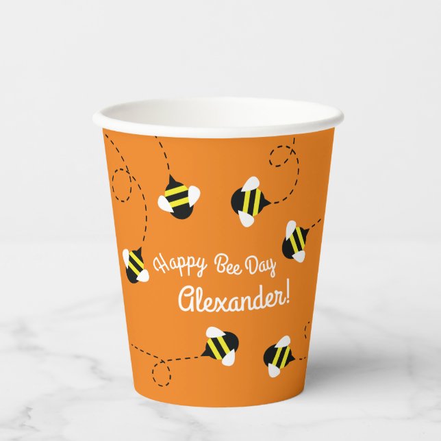 Bee Day Cute Kid's Birthday Round Paper Coaster Cups (Front)