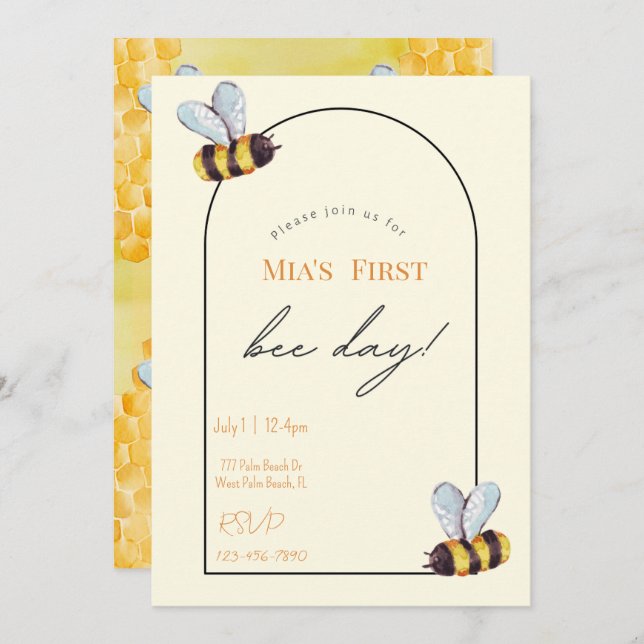 Bee-Day Organic Bee Themed Modern Minimal Birthday Invitation (Front/Back)