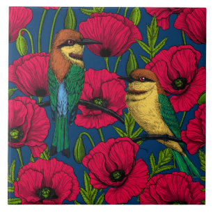 Bee eaters and poppies ceramic tile