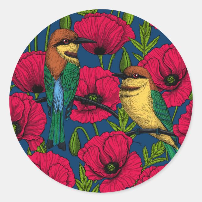 Bee eaters and poppies classic round sticker (Front)