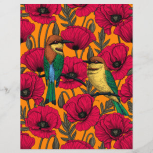 Bee eaters and poppies on orange
