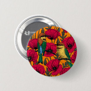 Bee eaters and poppies on orange 6 cm round badge