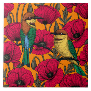 Bee eaters and poppies on orange ceramic tile