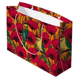 Bee eaters and poppies on orange large gift bag