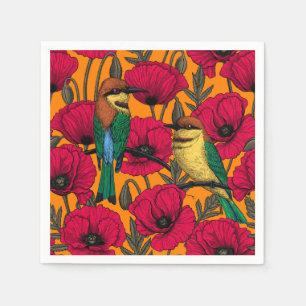Bee eaters and poppies on orange napkin