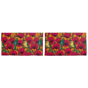 Bee eaters and poppies on orange pillowcase