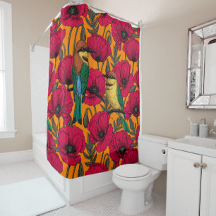 Bee eaters and poppies on orange shower curtain
