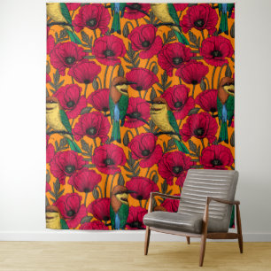 Bee eaters and poppies on orange tapestry