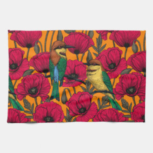 Bee eaters and poppies on orange tea towel