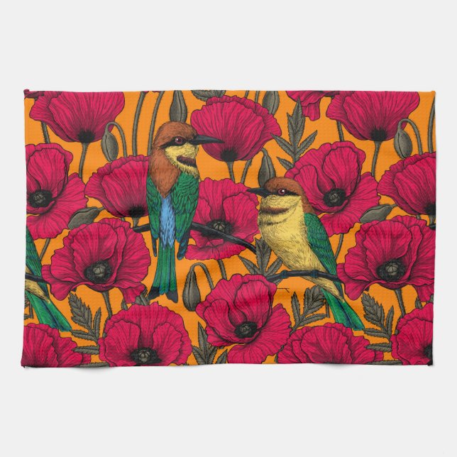 Bee eaters and poppies on orange tea towel (Horizontal)
