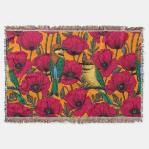 Bee eaters and poppies on orange throw blanket