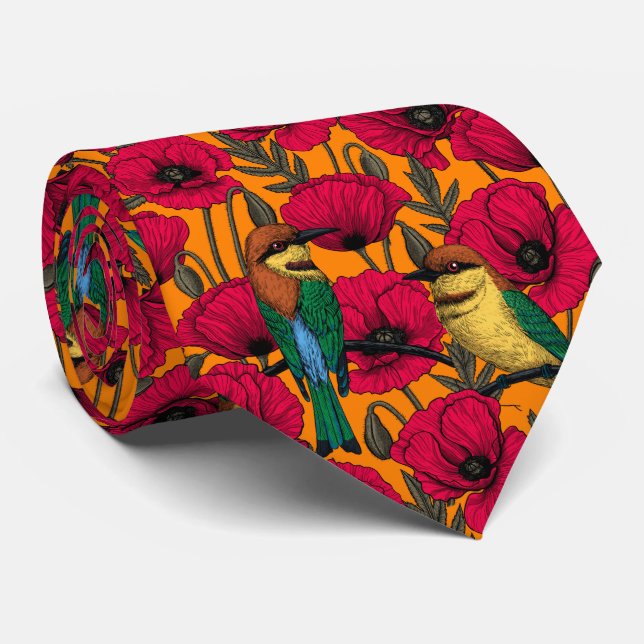Bee eaters and poppies on orange tie (Rolled)