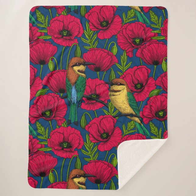Bee eaters and poppies sherpa blanket (Front)