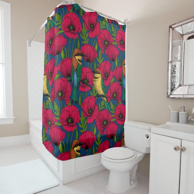 Bee eaters and poppies shower curtain (In Situ)