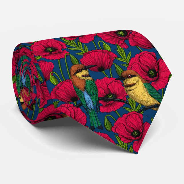 Bee eaters and poppies tie (Rolled)