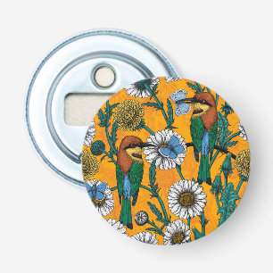 Bee-eaters, blue butterflies and daisies on orange bottle opener