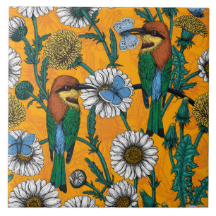 Bee-eaters, blue butterflies and daisies on orange ceramic tile
