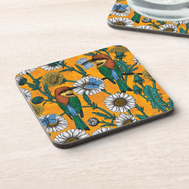 Bee-eaters, blue butterflies and daisies on orange coaster (Left Side)