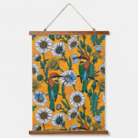 Bee-eaters, blue butterflies and daisies on orange
