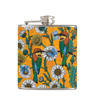 Bee-eaters, blue butterflies and daisies on orange hip flask