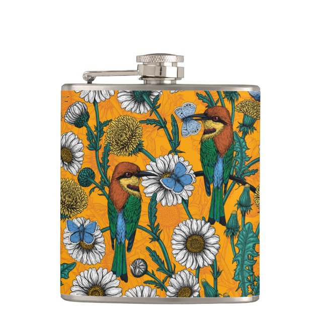 Bee-eaters, blue butterflies and daisies on orange hip flask (Front)