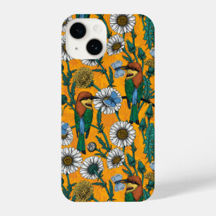 Bee-eaters, blue butterflies and daisies on orange iPhone 14 case