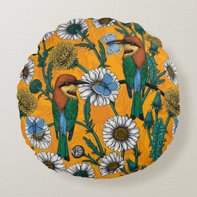 Bee-eaters, blue butterflies and daisies on orange round cushion (Front)