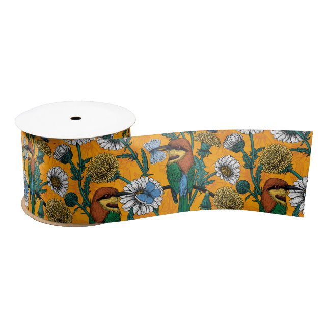 Bee-eaters, blue butterflies and daisies on orange satin ribbon (Spool)