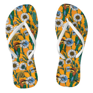 Bee-eaters, blue butterflies and daisies on orange thongs