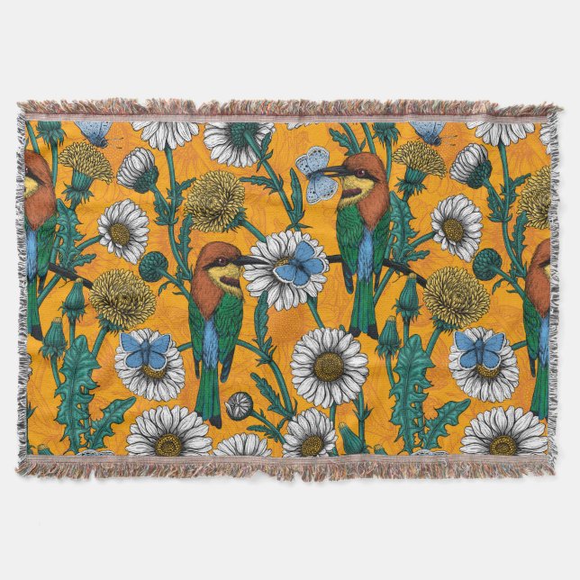 Bee-eaters, blue butterflies and daisies on orange throw blanket (Front)