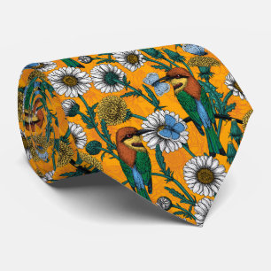 Bee-eaters, blue butterflies and daisies on orange tie