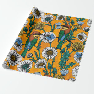Bee-eaters, blue butterflies and daisies on orange wrapping paper