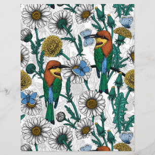 Bee-eaters, blue butterflies and daisies on white