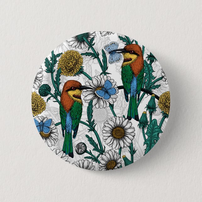 Bee-eaters, blue butterflies and daisies on white 6 cm round badge (Front)