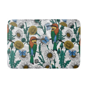 Bee-eaters, blue butterflies and daisies on white bath mat