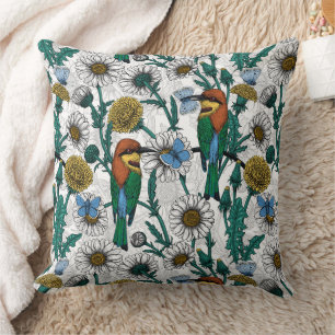 Bee-eaters, blue butterflies and daisies on white cushion