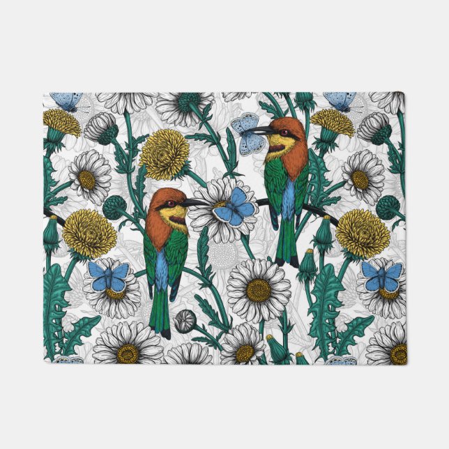 Bee-eaters, blue butterflies and daisies on white doormat (Front)