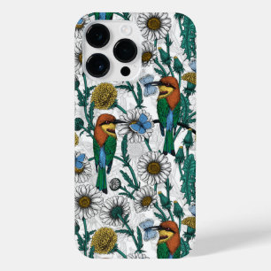 Bee-eaters, blue butterflies and daisies on white iPhone 14 pro max case
