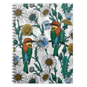 Bee-eaters, blue butterflies and daisies on white notebook