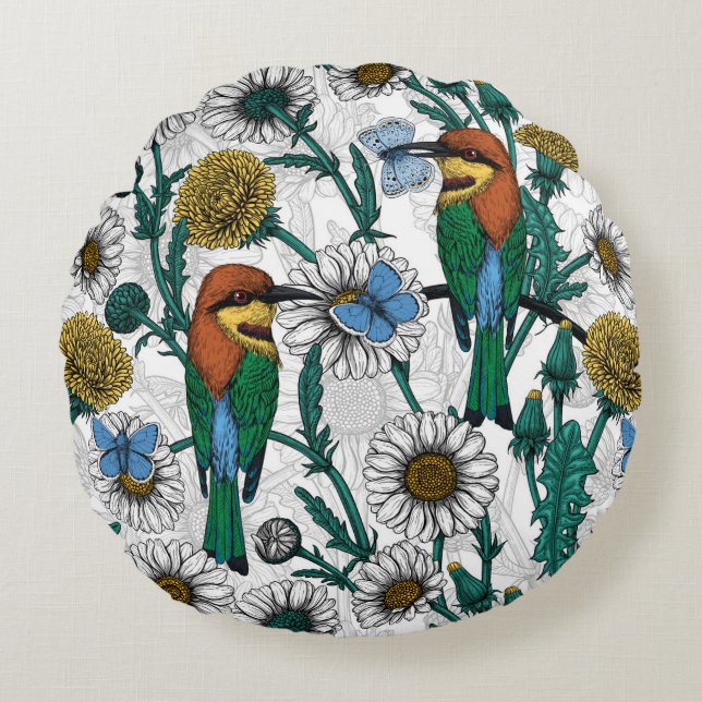 Bee-eaters, blue butterflies and daisies on white round cushion (Front)