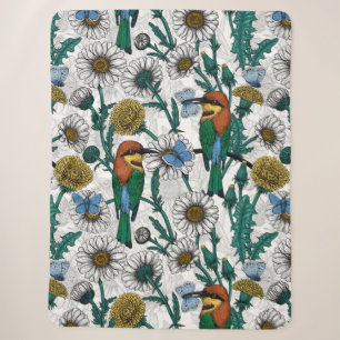 Bee-eaters, blue butterflies and daisies on white sherpa blanket