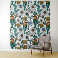 Bee-eaters, blue butterflies and daisies on white