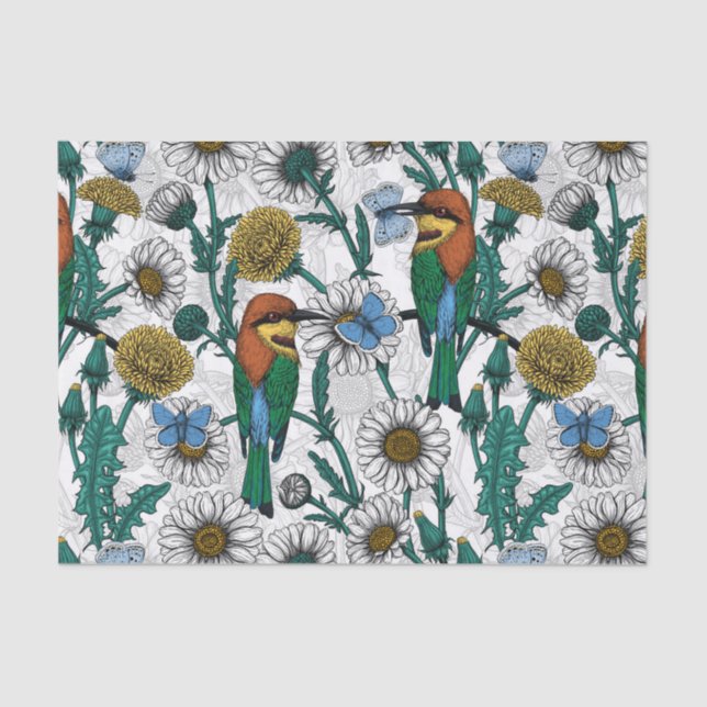 Bee-eaters, blue butterflies and daisies on white tissue paper (Front)